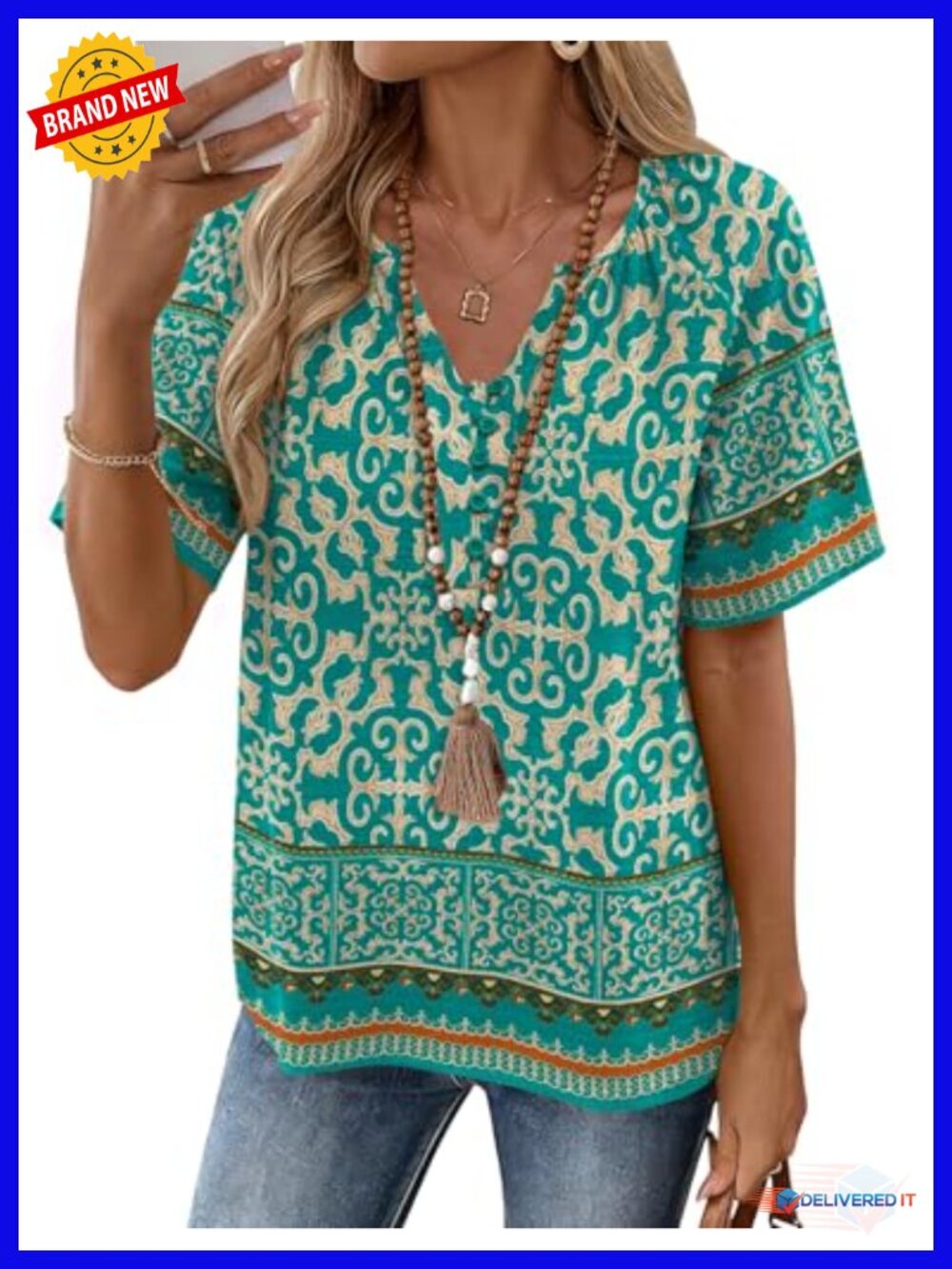 Cotton Blend Women's Boho Button Down Short Sleeve V-Neck Blouse